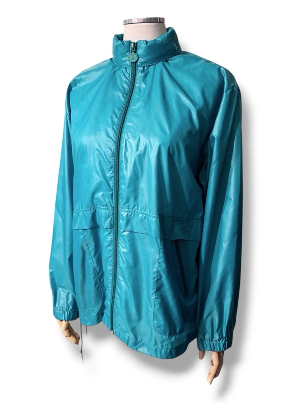 WHITE STAG Teal Windbreaker Jacket Stand Up Collar Stowaway Hood VINTAGE 80s